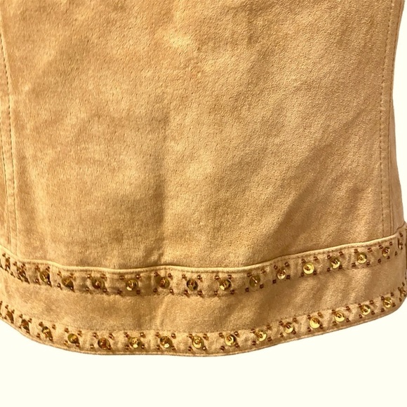 Tribal Suede Tan Leather Jacket With Gold Sequin & Beaded Trim, Womens size 10 - Picture 12 of 16
